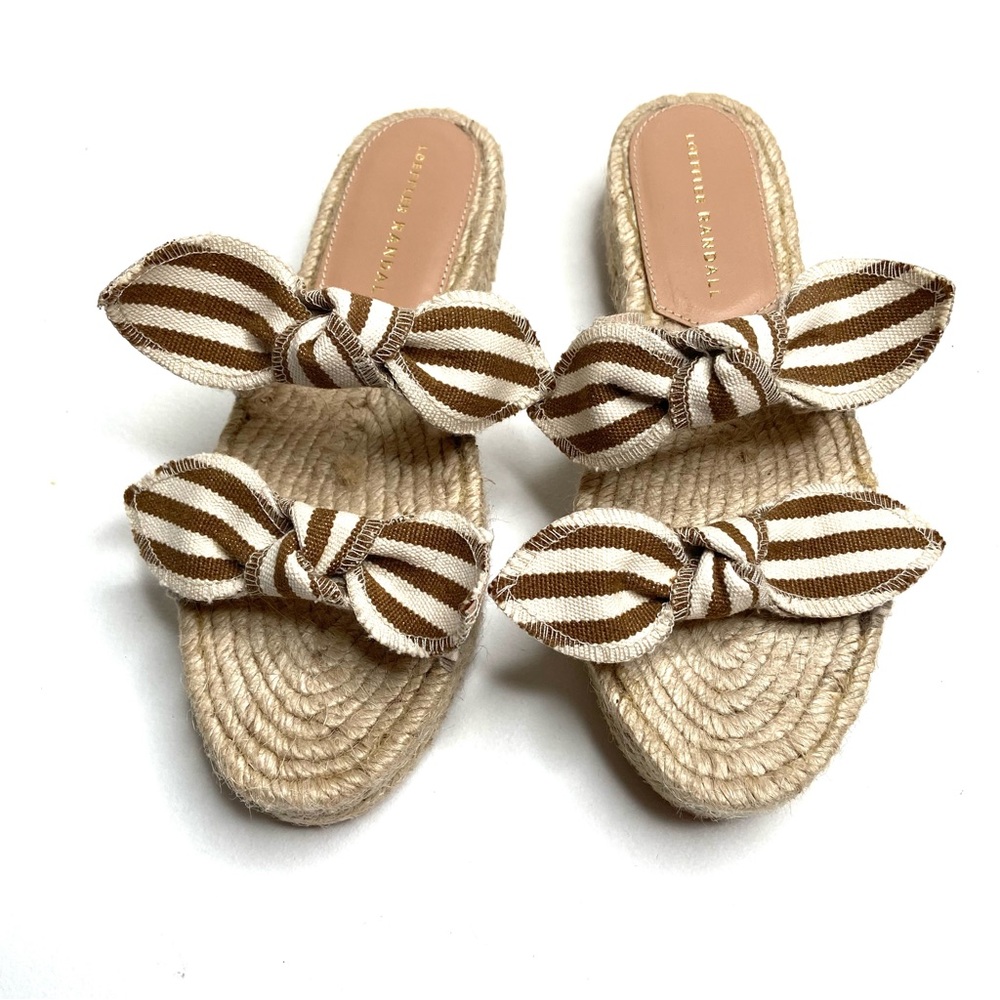 Loeffler Randall Cream & Brown Striped Bow Espadrille Slides